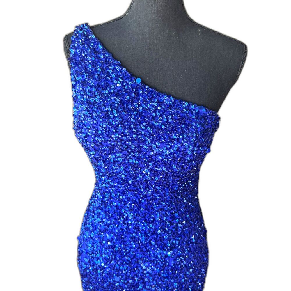 Size 6 Sherri Hill blue sequin prom dress one shoulder (10436)